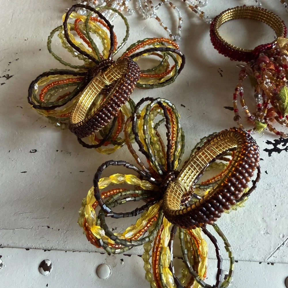 Beaded‎ Napkin Rings Multicolor Beaded Floral Starburst Set of 6 Glam